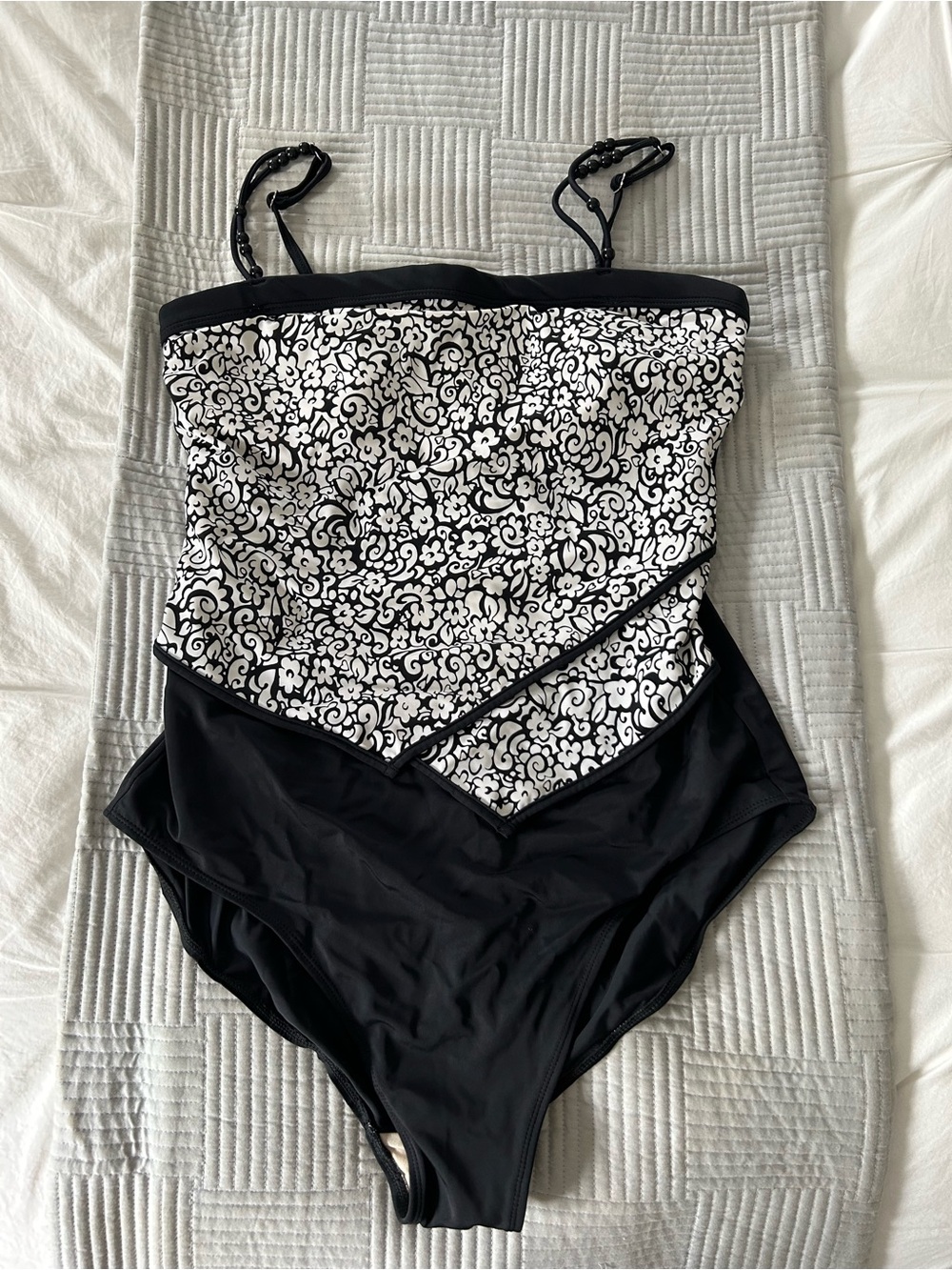 Black & White Floral One-Piece Swimsuit with Beaded Straps